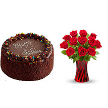 Chocolate Cake with Red Roses in Red Glass Vase