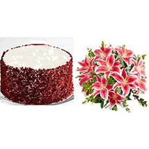 Red Velvet Cheesecake with Stunning Pink Lily Bouquet