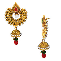 Traditional Ethnic Red Green Drop Gold Plated Dangler Earrings with Crystals for Women by Donna 