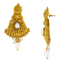 Traditional Ethnic White Floral Pearl Gold Plated Dangler Earrings for Women by Donna 