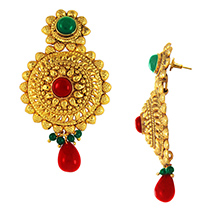 Traditional Ethnic Red Green Diva Gold Plated Dangler Earrings with Crystals for Women by Donna 