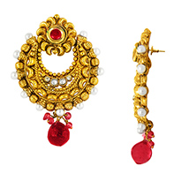 Traditional Ethnic Red Sun Gold Plated Dangler Earrings with Crystals for Women by Donna 
