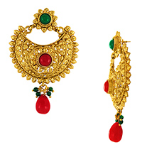 Traditional Ethnic Red Green Festive Gold Plated Dangler Earrings with Crystals for Women by Donna 