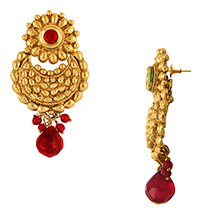 Traditional Ethnic Red Flower Gold Plated Dangler Earrings with Crystals for Women by Donna 