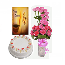 Diwali with Rose, Carnation and Cake