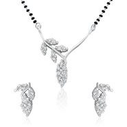 Mahi Rhodium Plated Shimmering Leaves Mangalsutra Set with CZ for Women 