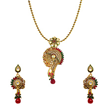 Traditional Ethnic Red Green Floral Gold Plated Pendant Set with Crystals For Women by Donna 
