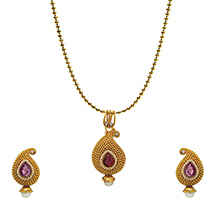 Traditional Ethnic Purple Floral Paisley Gold Plated Pendant Set with Crystals For Women by Donna 