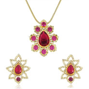 Mahi Gold plated Shimmering Austrian Crystal Pink and Red Dia Pendant set for Women 