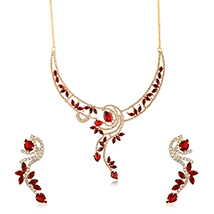 Oviya Gold Plated Red Floral Fantasy Necklace Set with Crystals for Women 