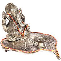 Oxidised peepal leaf diya embossed ganesh ji