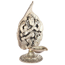 Oxidised peepal leaf diya engraved ganesh ji