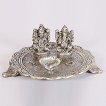 Oxidised ganesh lakshmi pooja thali along with diyas