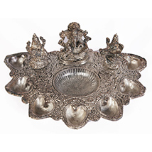 Oxidised lakshmi saraswati pooja plate with diyas