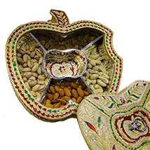 Apple shaped gift box with wooden base, brass covering and meena work
