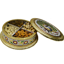 Round shaped gift box with wooden base, brass lid and meena work