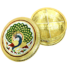 Golden, round shaped gift box with wooden base, brass cover and meena work