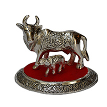 Oxidized White Metal Cow and Calf Figurine