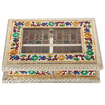 Wooden Meenakari Work Dryfruit Box with Metal Sheet and Four Partitions