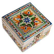 Wooden Square Shaped Box with Meenakari Work