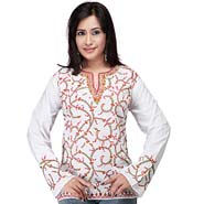 White and Red Kashmiri Embroidered Kurti