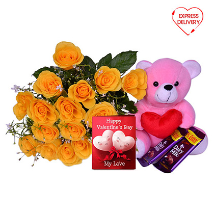 Yellow Roses with Chocolate Delights & Greeting Card